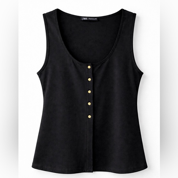 ZARA Black Ribbed Button Front Top Size Medium Gold Buttons - Picture 2 of 8